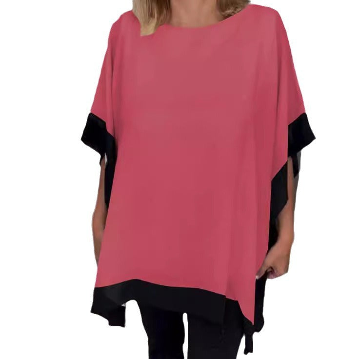 Round Neck Loose Short Sleeves Batwing Solid Color Top