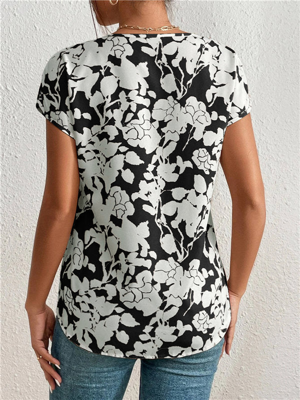 V-neck Short Sleeve Printed T-Shirt Top