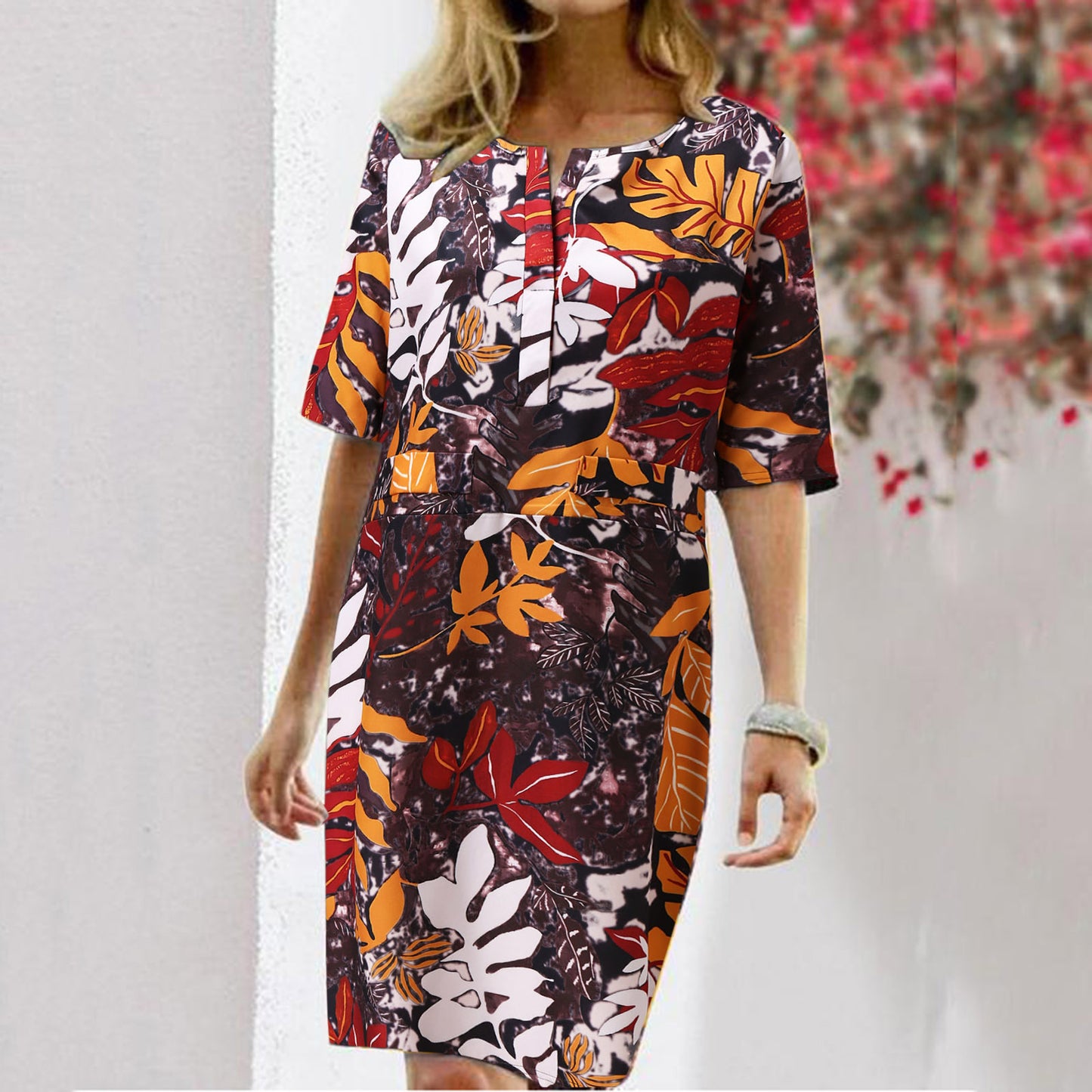 Vintage Floral Leaf Print Slit Round Neck Half Sleeve Dress