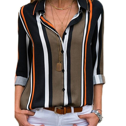 Striped Casual V-Neck Long Sleeve Chiffon Blouse