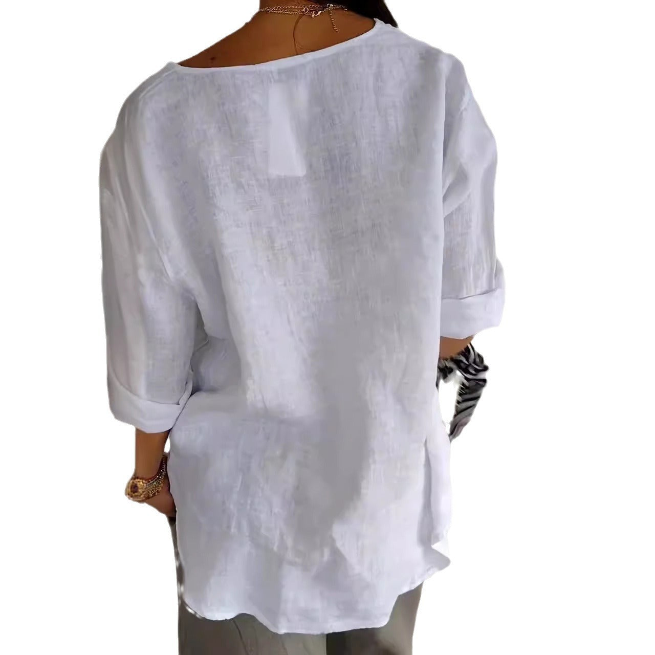 V-neck Cotton & Linen Button Top