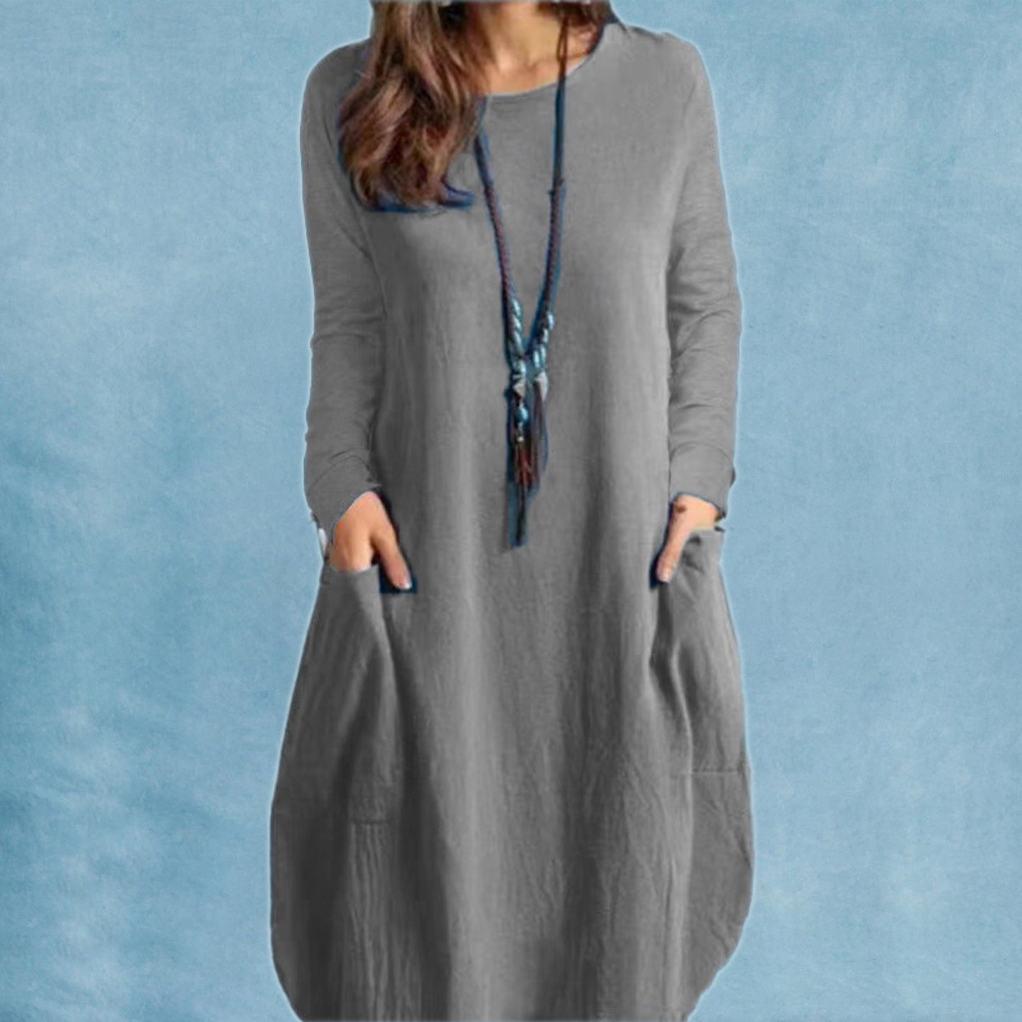 Loose Casual Solid Color Pocket Long Sleeve Dress