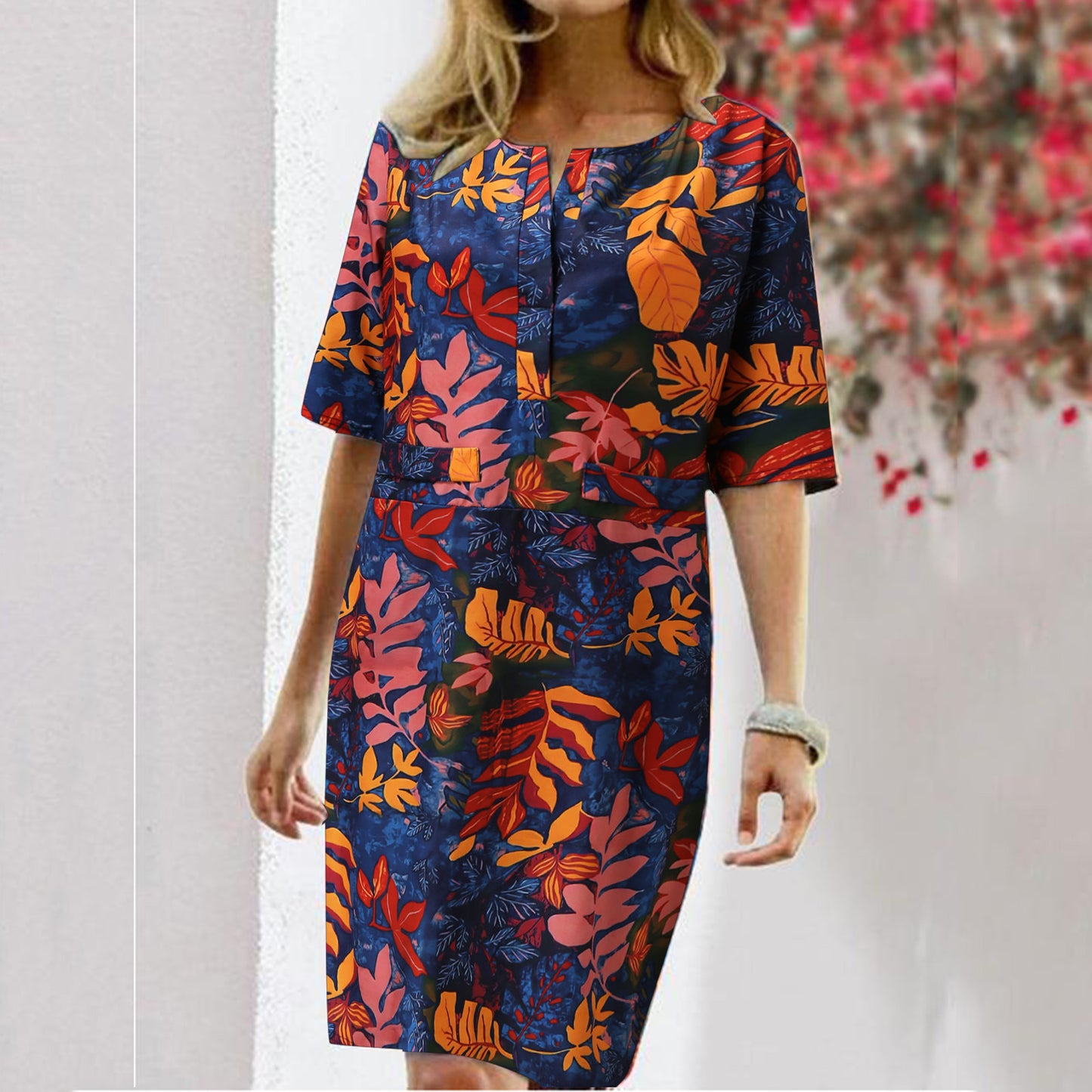 Vintage Floral Leaf Print Slit Round Neck Half Sleeve Dress