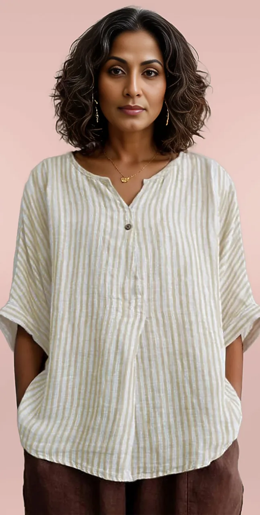 V-neck Striped Loose Short-sleeved Cotton-Linen Shirt